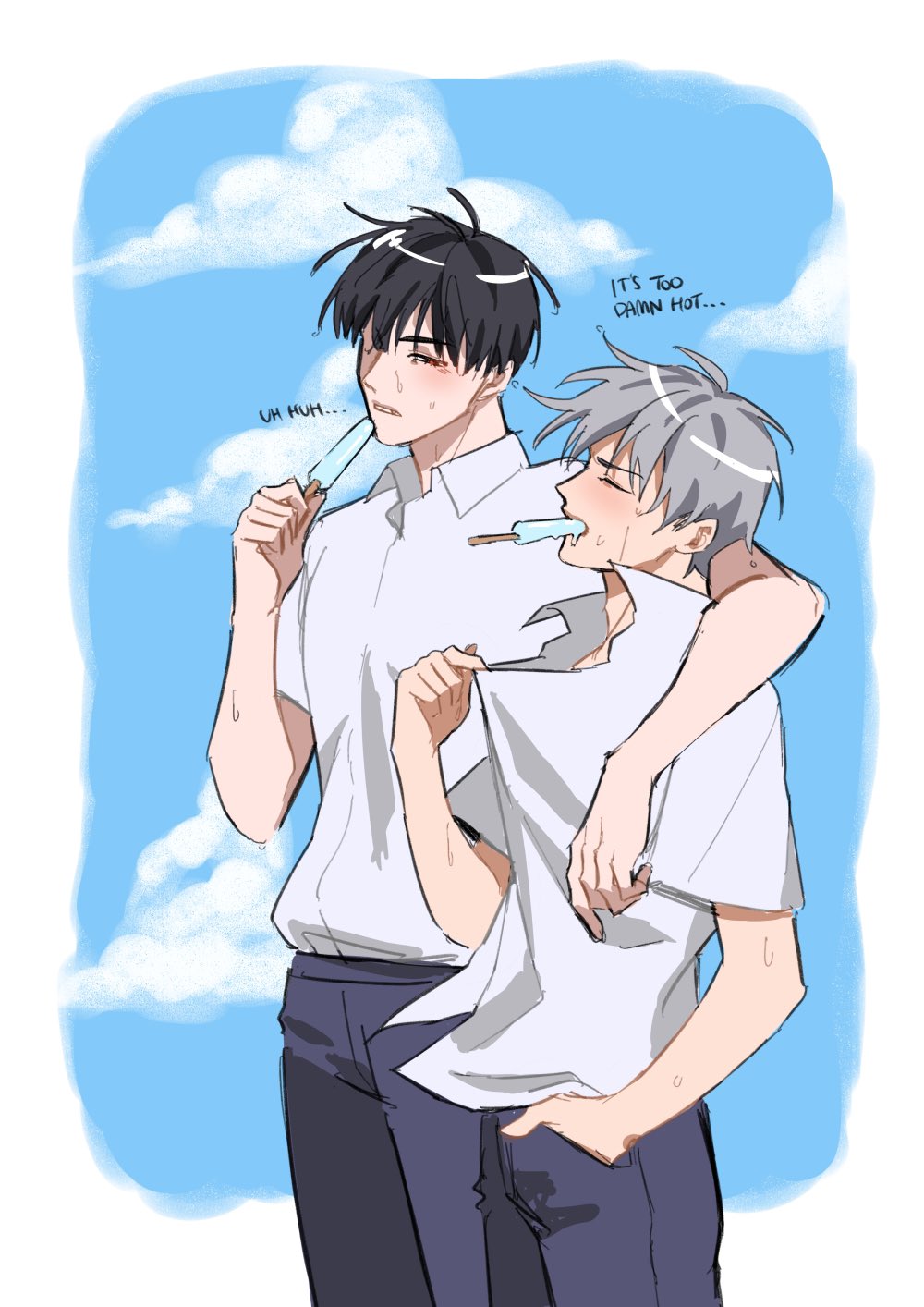 two anime boys are standing outside on a hot day. they are both sweating and trying to cool down by eating popsicles. the boy on the left is wearing a white shirt and black pants, while the boy on the right is wearing a white shirt and blue pants. they are looking at each other and smiling. there are clouds in the sky and they appear to be in love.