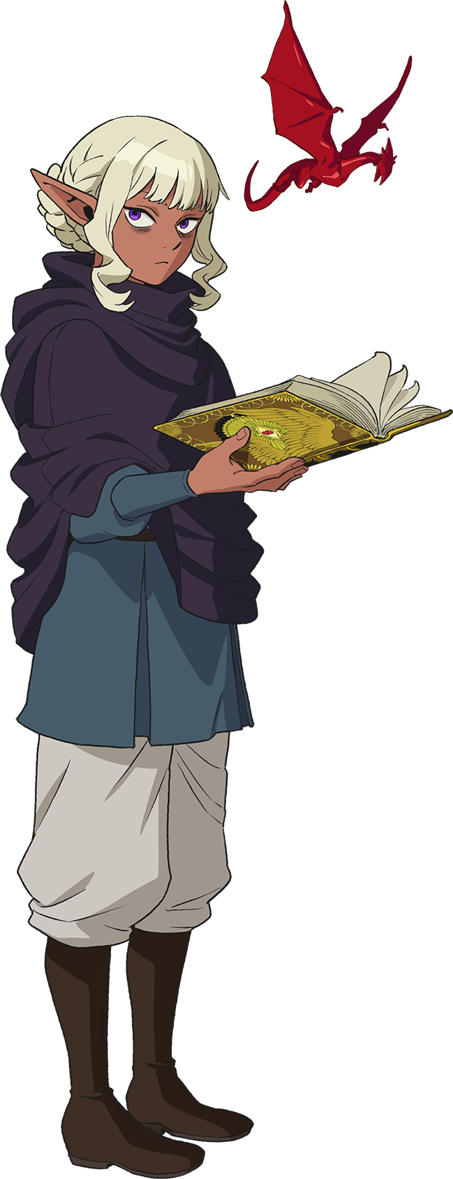 a young, paleskinned elf with chinlength white hair and purple eyes stands facing forward, holding a large, ornate book open with both hands. they are dressed in a long blue tunic over white pants and brown boots. they have a purple shawl draped over their shoulders and a small red dragon flies above their right shoulder. the background is entirely black.