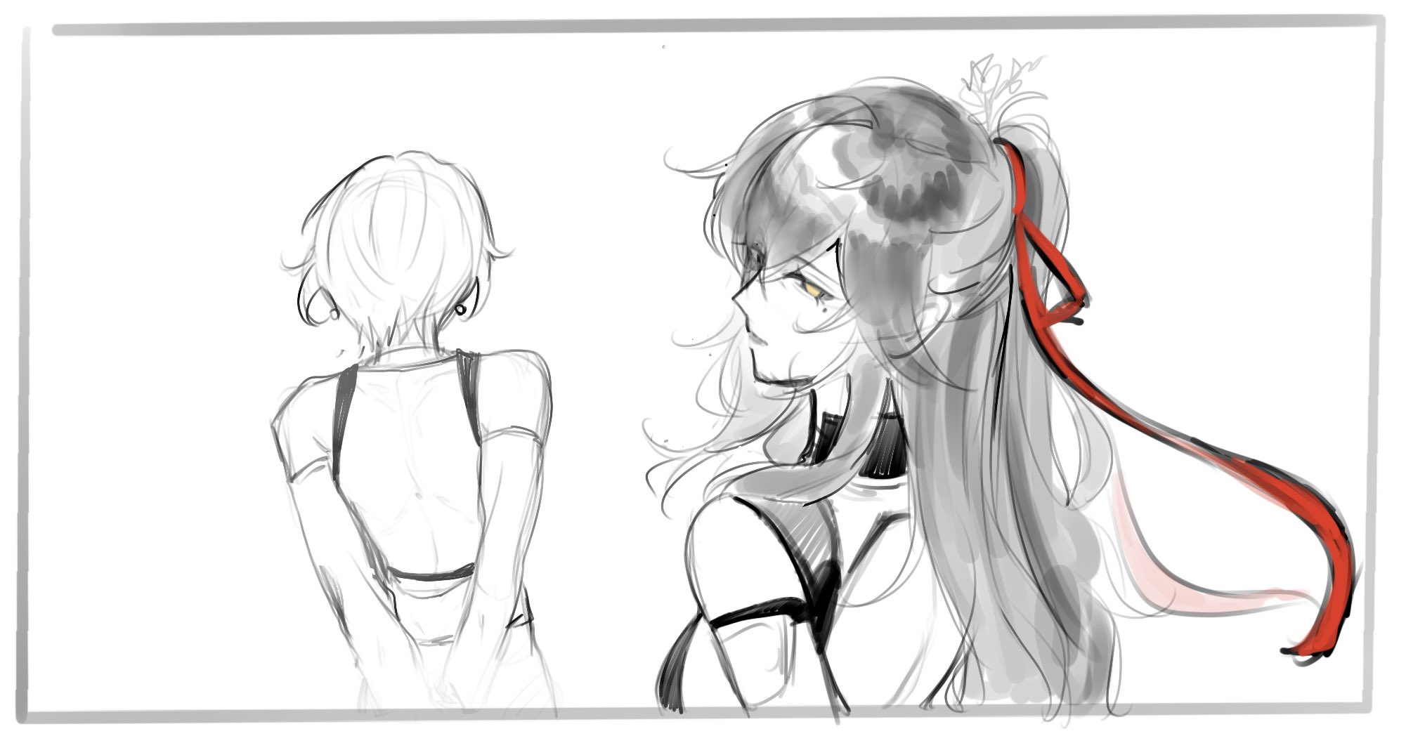 an anime illustration of two female characters, one with long flowing hair and a red ribbon, and the other with short hair. they are both looking away from each other and their back to back. the illustration is in a sketch style with black and white lines, and the background is white.