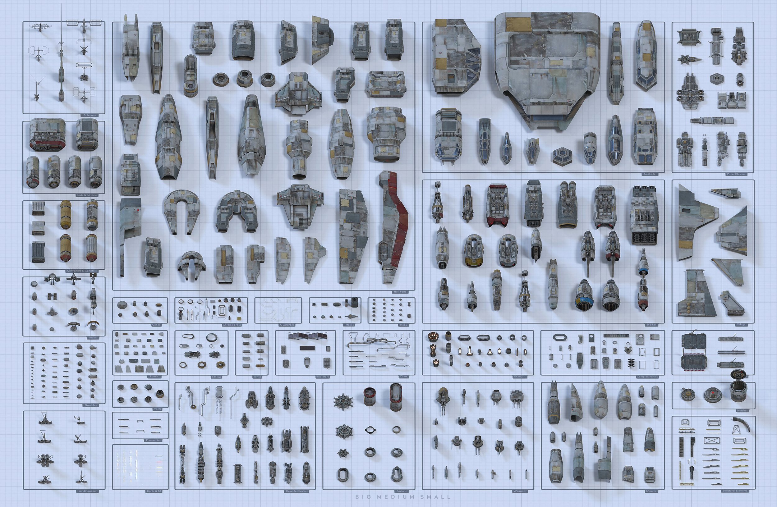 he image showcases a detailed blueprint or schematic of a fictional starship, possibly from a science fiction universe.  the blueprint is organized in a grid layout, meticulously displaying numerous individual parts and components of the vessel, categorized by size from large to small.  each component is rendered in high detail, revealing a realistic design and aged aesthetic.  the illustration resembles a technical drawing, suggesting an assembly guide or design documentation, providing a comprehensive view of the starship's construction.  the overall style suggests a model kit's instruction manual, offering a comprehensive view of every piece required to construct the starship.