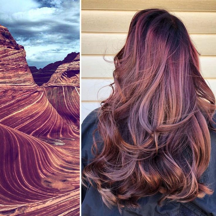 a split image of a woman with ombre hair and a rock formation. the woman's hair is long and wavy, and she is facing away from the camera. her hair is a beautiful blend of shades of purple, pink, and red. the rock formation is a natural wonder, with many layers of sandstone that are colored in shades of red, pink, and brown. the woman's hair is a similar color to the rock formation, which makes for a visually appealing and interesting image.