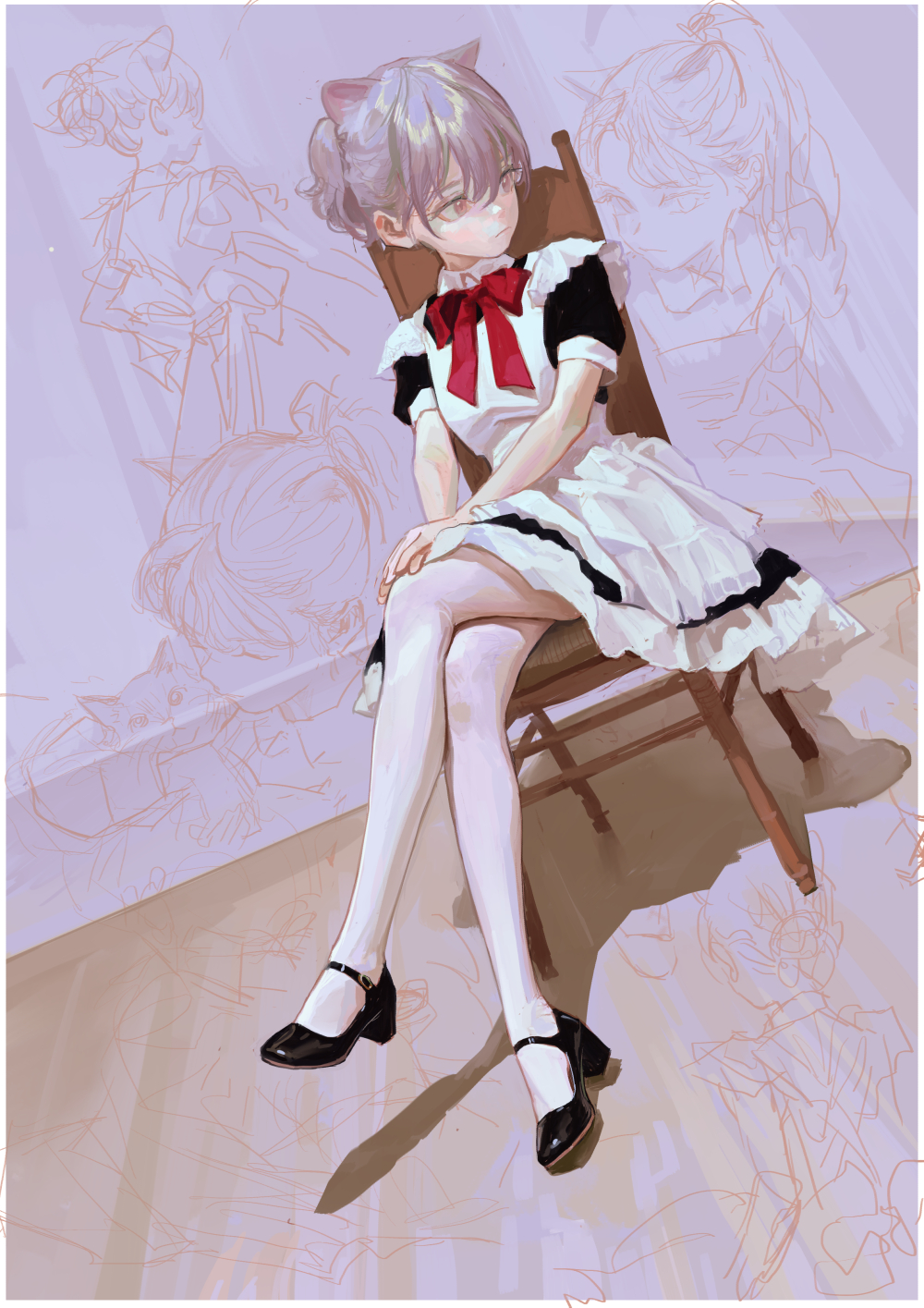 an animestyle girl with cat ears sits in a chair, wearing a maid outfit with a red bow. she has short, light gray hair with bangs. she wears black shoes and white stockings. the background is a light purple color with sketches of other anime girls. shadows fall across the floor and wall.