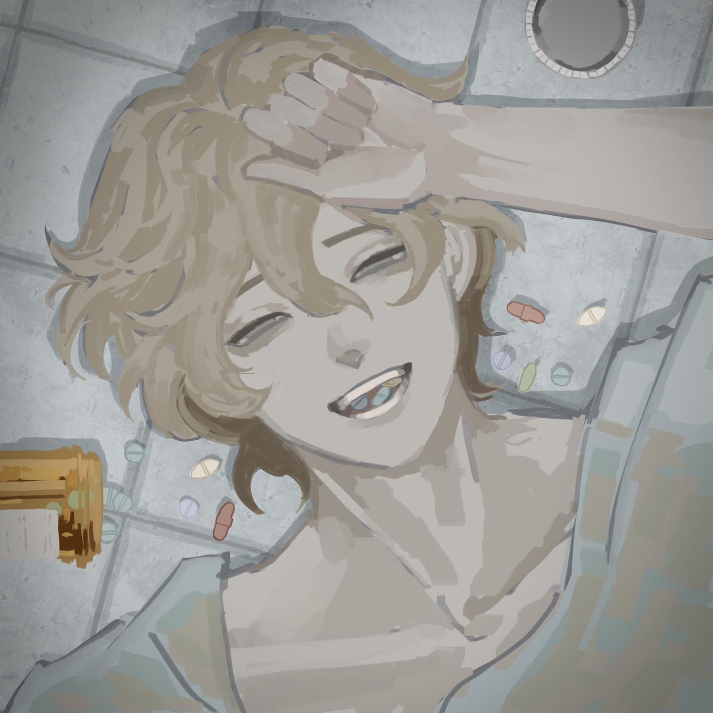 this is an illustration of a man lying on a white floor. he is smiling but looks sad. there are pills around him. he is wearing white clothes and is in a hospital or medical setting. the colors are mostly grey and white, which gives the image a sad and melancholic feel.