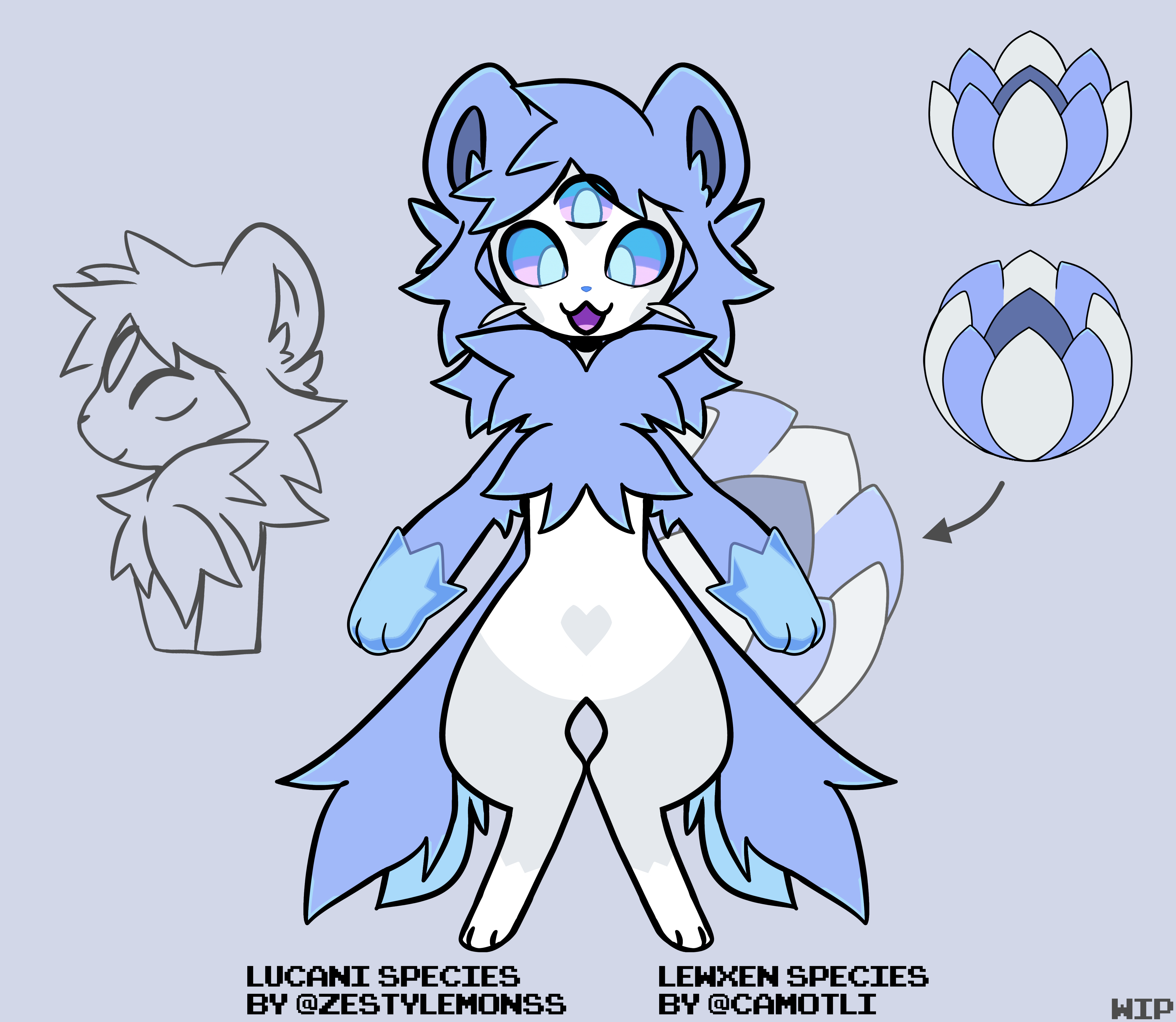 this is a digital illustration of a cute furry animal, drawn in a cartoon style, standing on its four legs. it is white with blue fur and has a white heart on its chest. the animal is staring at the viewer with a happy expression. in the background, there are two lotus flowers. the flower on the left is in its natural state, while the one on the right has its petals turned outwards, with the stem bent. the image has "lucani species by @zestylemoss" written in the bottom left corner, and "lewxen species by @camotli" in the bottom right corner. "wip" is written in the bottom right corner. the image is a digital drawing of an original character.