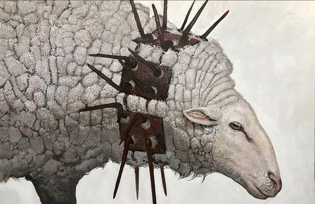 the image is a detailed, realistic painting of a sheep's head and shoulders.  the sheep's wool is depicted with highly textured brushstrokes, giving it a slightly cracked or aged appearance.  the most striking feature is a rusty metal collar or harness around its neck, from which numerous sharp spikes protrude. this creates a stark contrast between the soft wool and the harsh, metallic elements. the overall tone of the painting is somber, suggesting themes of confinement, suffering, or the contrast between innocence and cruelty. the style leans towards surreal realism, using realistic rendering techniques to portray an unusual and unsettling scene.