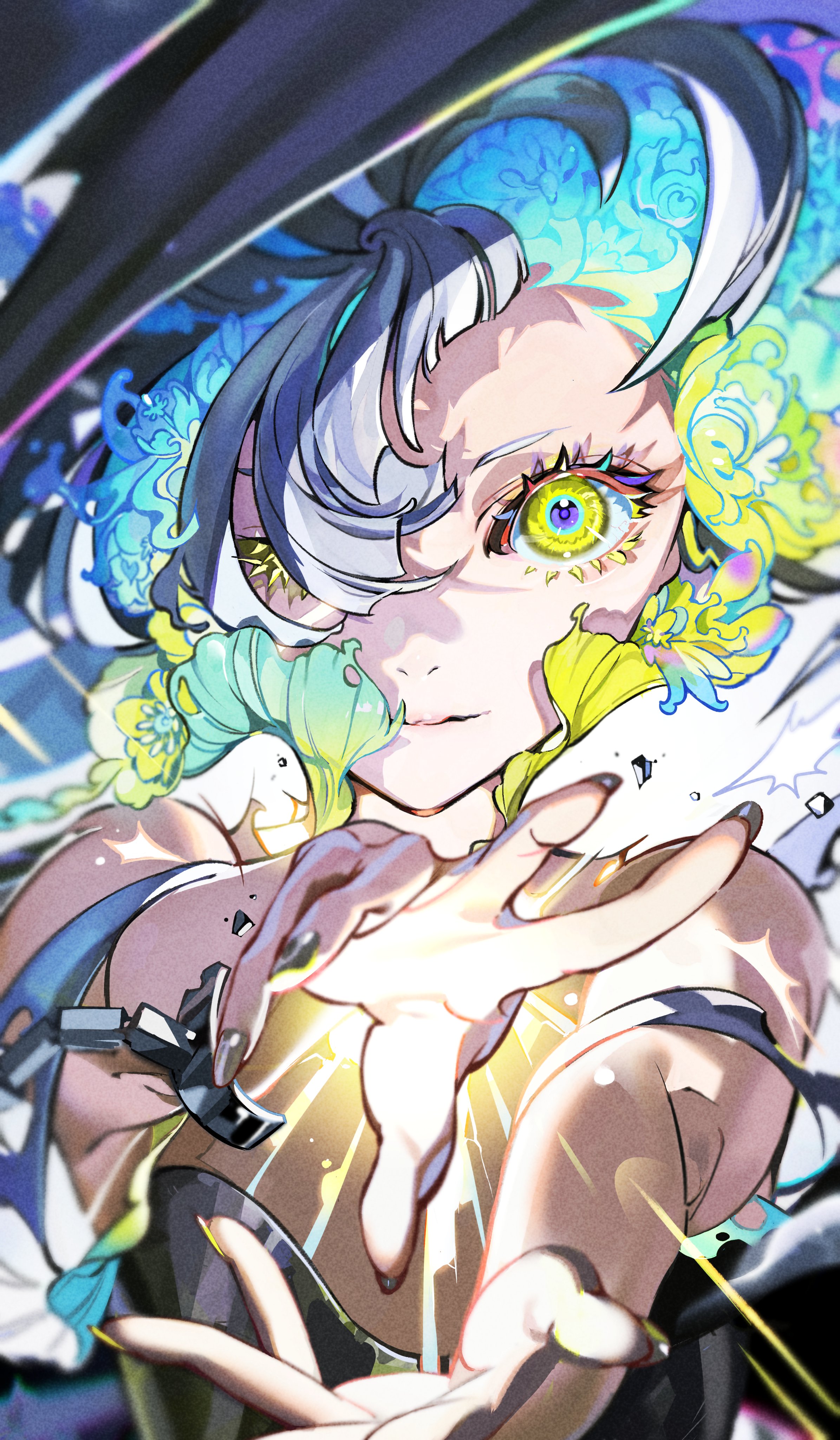 the image showcases a captivating animestyle drawing of a girl seemingly commanding magical energy. her vibrant blue and white hair is adorned with luminescent flowers, mirroring the magical aura emanating from her outstretched hands. the art style is dynamic and expressive, with bold lines and a vibrant color palette that amplifies the magical atmosphere.