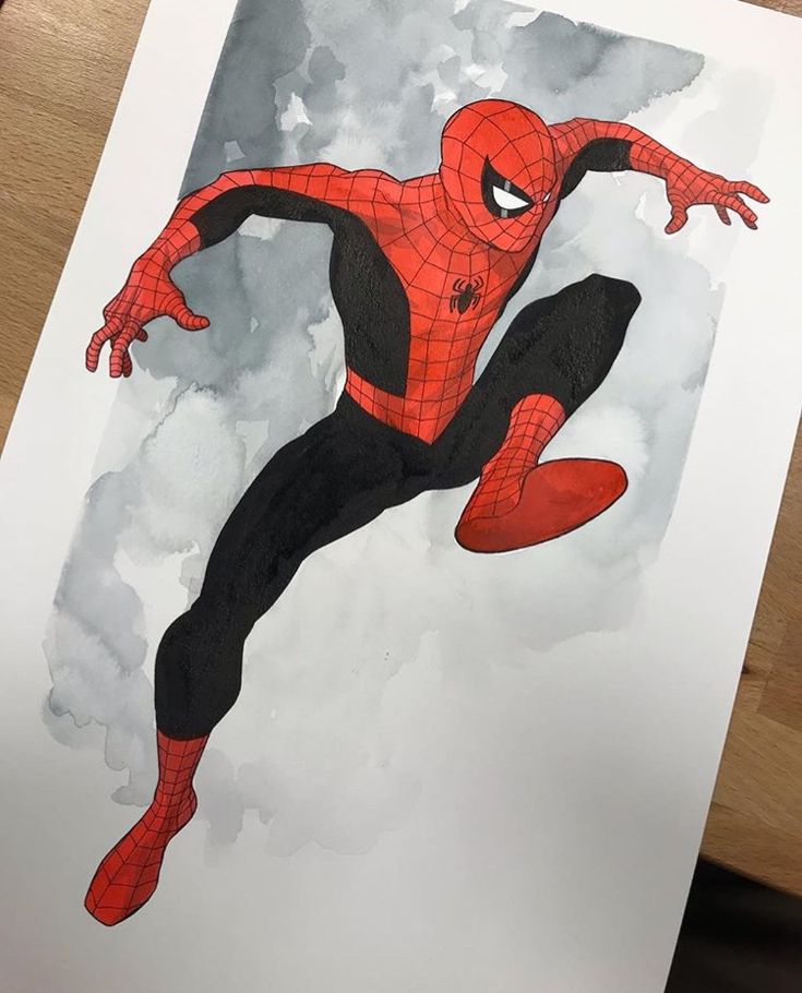 an illustration of spiderman in his classic red and black suit. the image is drawn in a watercolor style with dynamic lines that capture the superhero in action. spiderman's signature mask and webslinging pose are prominently displayed.