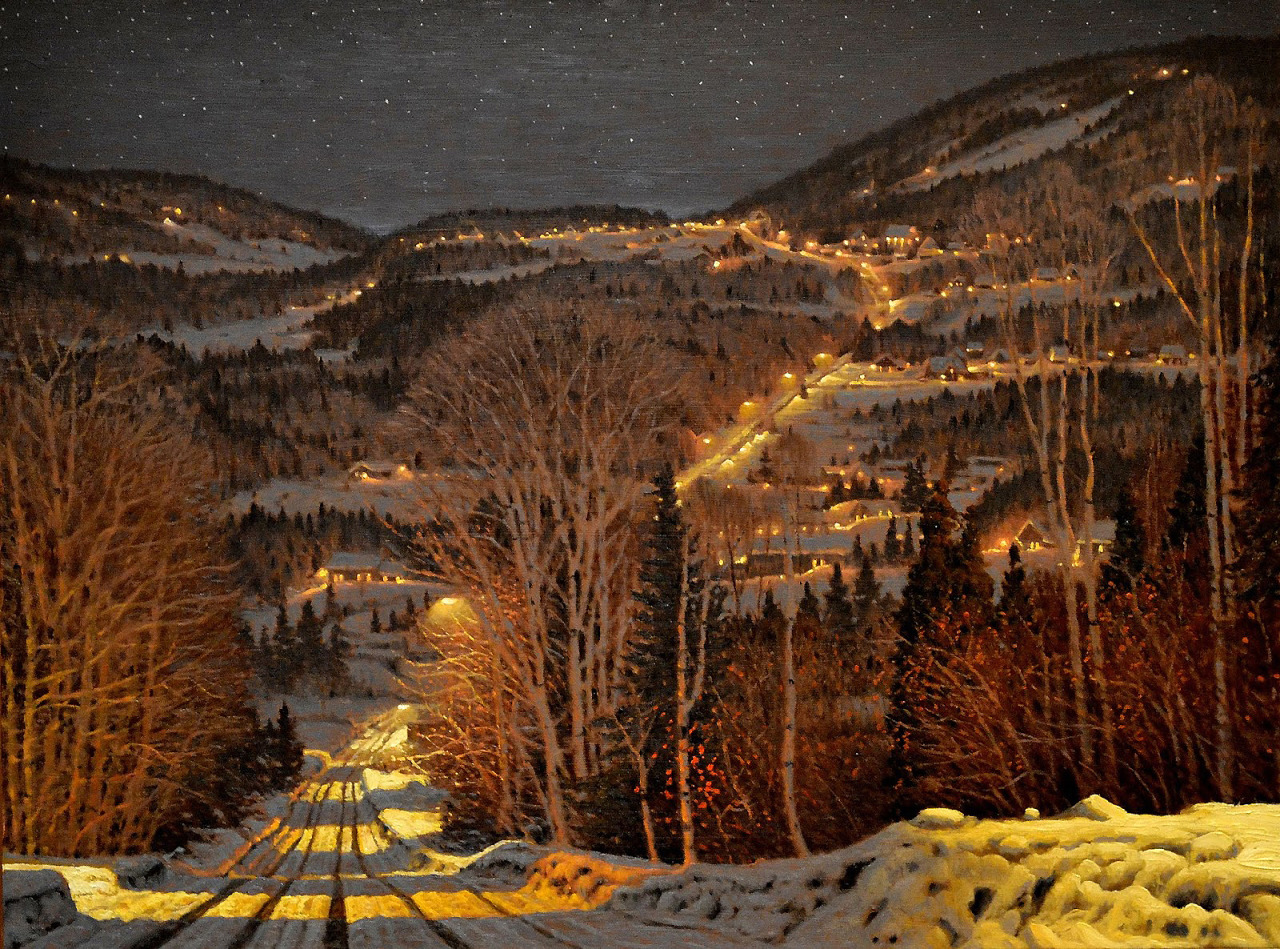 a highangle view of a ski town nestled in a snowy mountain valley at night. the town is illuminated by warm streetlights, creating a cozy and inviting atmosphere. the foreground features a ski jump, while the background showcases the snowcovered slopes and the dense forest.