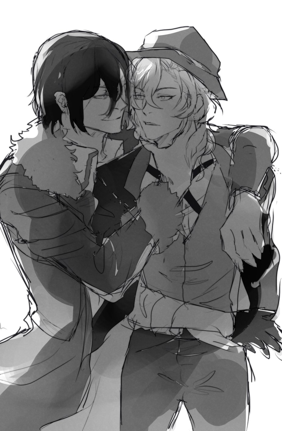 an anime illustration depicting two men in a loving embrace, their expressions filled with affection and warmth. the characters are drawn in a monochrome style, adding a sense of intimacy and depth to their connection. the illustration captures a moment of tenderness and romance, highlighting the strong bond between the two individuals.