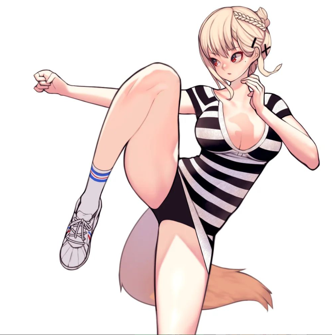 a drawing of a blonde anime girl with a fox tail is captured midair delivering a powerful kick. she wears a black and white striped dress and white sneakers.  the image has a clean white background and utilizes soft lighting.