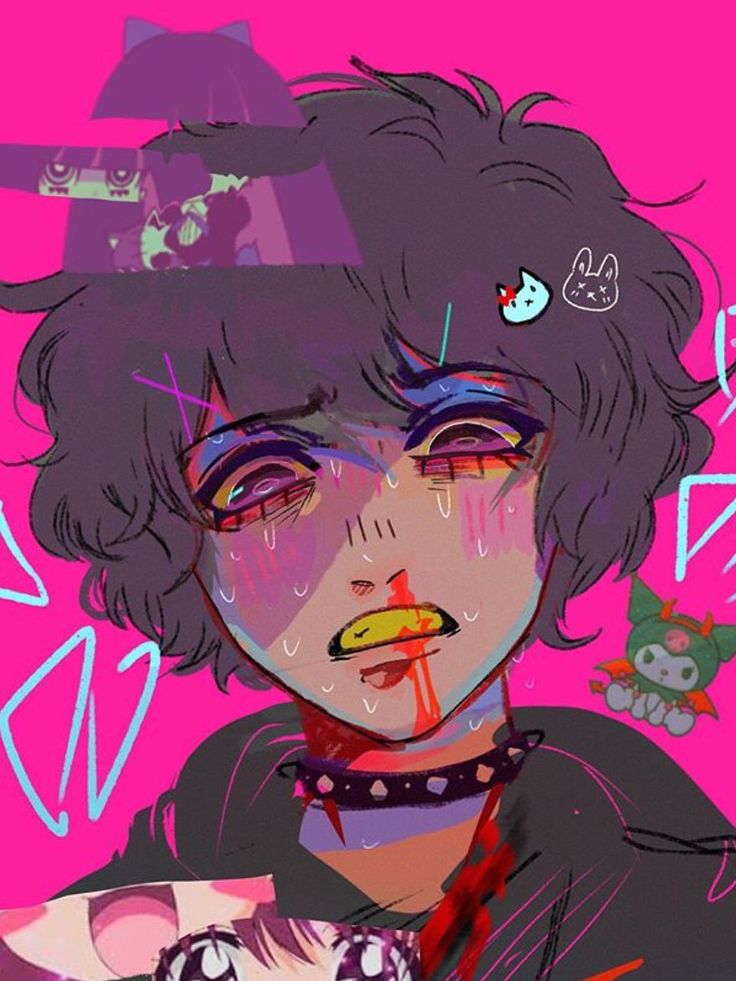the image is a digital illustration of an animestyle character. the character is a young person with dark purple hair, with a black choker necklace, and a black jacket. they have an exaggerated and detailed facial expression, with wide open eyes, a distressed expression, and blood dripping from their nose and mouth. the character is surrounded by a variety of abstract shapes and imagery in a neon color palette, creating a jarring and chaotic atmosphere.  the overall style is heavily influenced by grunge, emo, and gothic aesthetics.