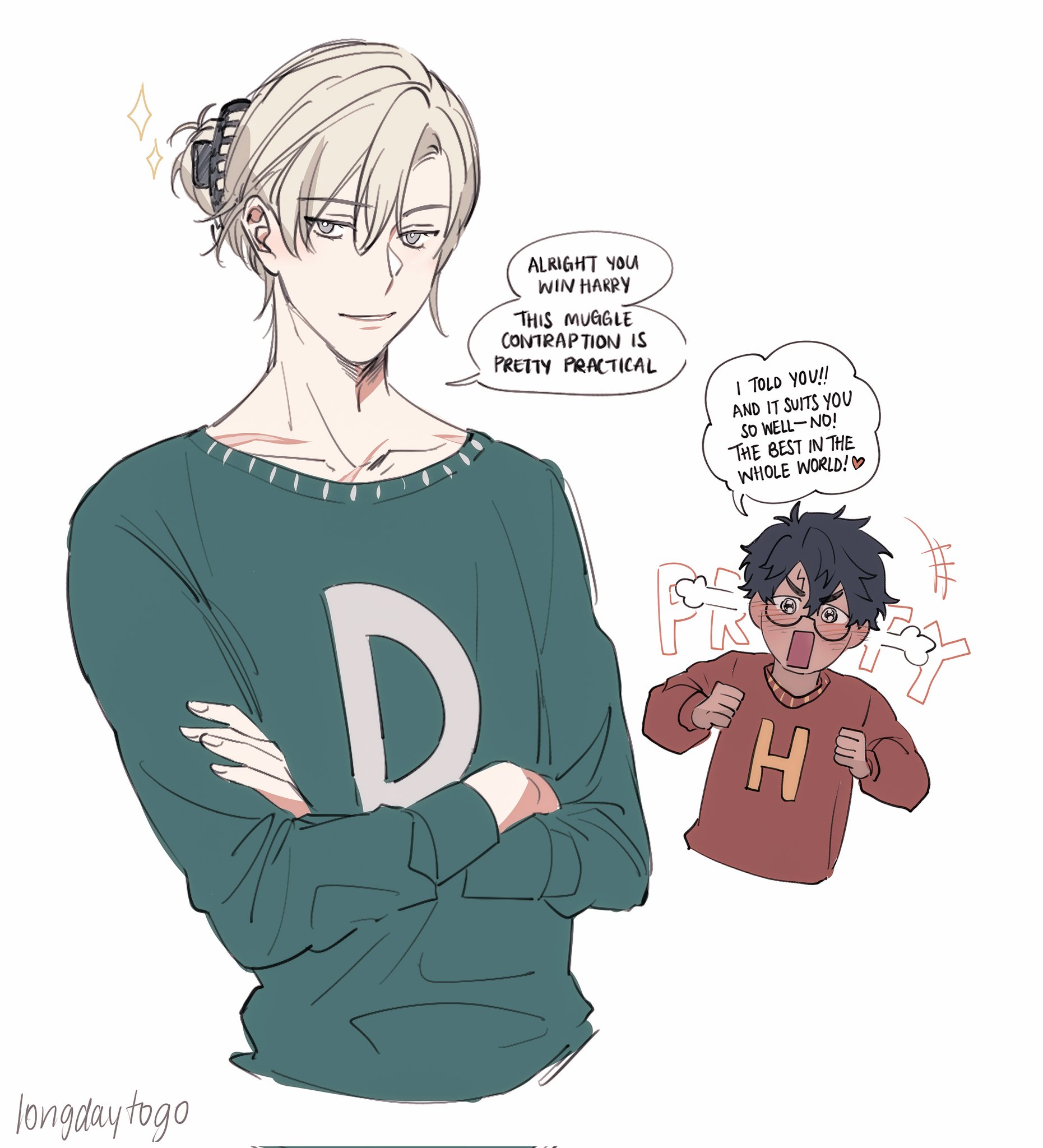 the image is a digital fanart depicting a stylized version of draco malfoy and harry potter.  draco, with blonde hair tied up, wears a teal sweater with a large "d" on it. he looks pleased and amused.  harry is shown in a smaller panel, wearing a red gryffindor sweater with an "h," reacting excitedly. speech bubbles indicate a humorous interaction between them; draco remarks on harry's "muggle contraption" (the sweater) and harry expresses enthusiastic approval. the style is anime/manga influenced, with soft lines and charming character designs.  the overall tone is lighthearted and romantic, hinting at a relationship between the characters.