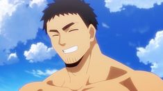 a closeup illustration of a smiling, muscular man with short brown hair and stubble. he is barechested and appears to be enjoying himself outdoors on a sunny day. the background features a clear blue sky with a few white clouds.