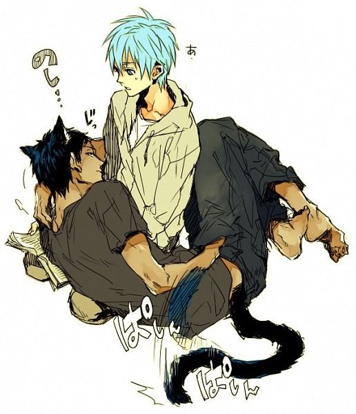 the image is fanart depicting kuroko tetsuya from kuroko no basuke with his arm around kagami taiga.  kagami appears to have a black cat tail. they are in a close, affectionate embrace, suggestive of a romantic relationship. the art style is a loose, sketchy style common in anime and manga fanart.  the overall tone is intimate and suggestive of a yaoi (boys' love) pairing.  japanese onomatopoeia is present in the drawing to enhance the mood.