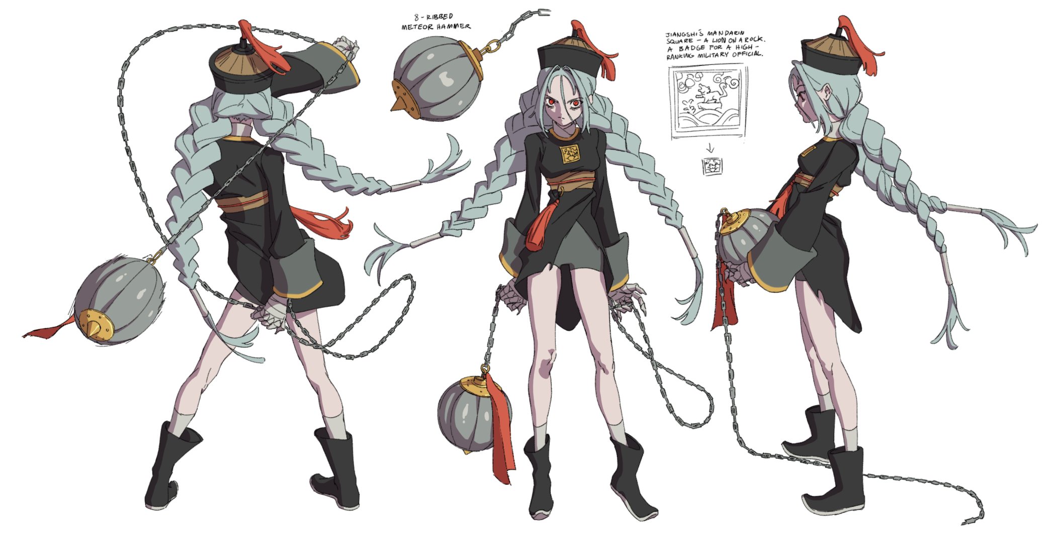 the image is a character design for an anime character. the character is a woman with long blue hair braided into two braids. she is wearing a black and red robe with a hat, and holding a pair of meteor hammers on chains. the character is in a fighting pose, with her arms extended and the meteor hammers at the ready. the image is drawn in a dynamic and stylish way, with the character's movements and clothing flowing. the character is clearly a warrior, and the image conveys her power and strength.  the caption in the image states that the character is a high ranking military official. the image was created as a character design for an anime.
