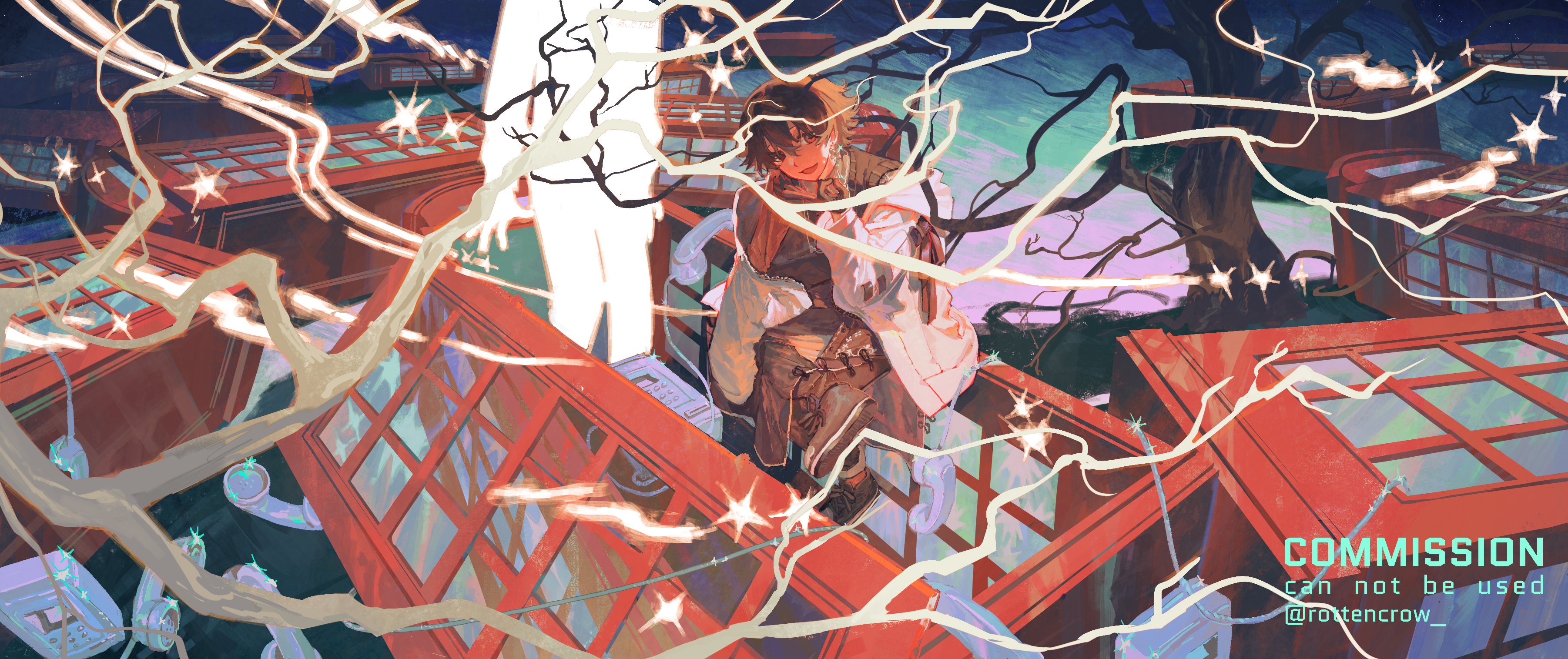 a digital art piece depicting an anime girl standing in a red phone booth surrounded by glowing white branches against a backdrop of a city at night.