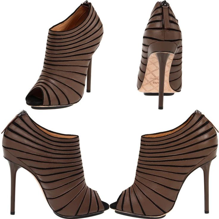 he image shows four different views of a pair of brown women's peeptoe ankle boots with stiletto heels. the boots are made of leather or suede and have a textured, striped design.  the images show the boots from the side, back, and front angles.  the style is elegant and sophisticated.