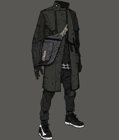 a cartoon illustration of a man in black clothes. he is wearing a long coat, black pants, and black shoes. he also has a black bag slung across his body. he is standing in front of a grey background.