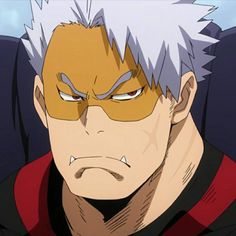 this is a closeup illustration of the character best jeanist from the anime my hero academia. he has spiky white hair with black at the roots, stern amber eyes, and a serious facial expression. he is wearing his signature yellow face mask that covers his mouth. he is wearing a black and red top. the background is a light blue and white gradient.