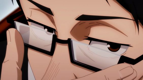closeup illustration of a man with glasses. he appears thoughtful with his hand on his glasses, his brow slightly furrowed, and his eyes looking off to the side. the art style is reminiscent of anime or manga.