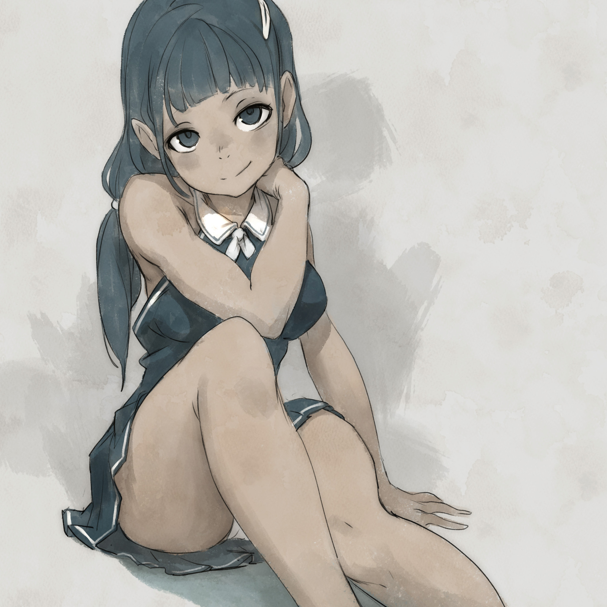 an anime girl with blue hair is sitting on a white background. she is wearing a blue dress with a white collar. she has her legs crossed and is looking down. she is smiling.