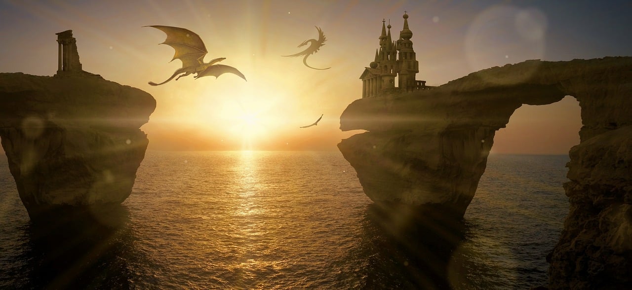 the image depicts a fantasy scene with dragons flying over the ocean at sunset. there are rocky islands with a castle on one, ruins on another, and a natural archway on the right. the sun is setting on the horizon, reflecting light on the water. three dragons are in the sky.