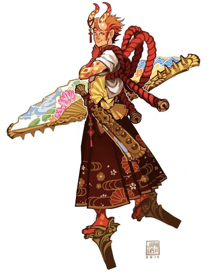 the image is a vibrant digital painting of a stylized fantasy character. the character appears to be inspired by japanese mythology or folklore, featuring onilike horns, intricate clothing, and traditional japanese footwear (geta).  the color palette is rich and warm, with reds, golds, oranges, and browns dominating. the character is depicted holding a large, ornate fan and a sword, and is dressed in a decorated kimonostyle robe. the style is expressive and unique, showcasing a blend of anime/manga influences with a more painterly approach. the artist's signature is visible in the bottom right corner.
