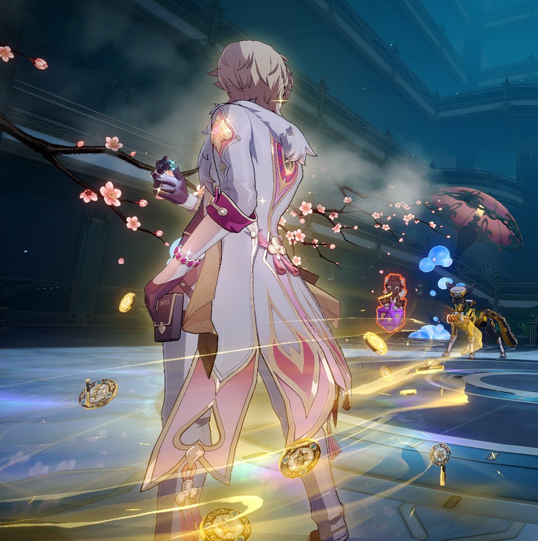 this image is from the popular video game genshin impact. it features the character albedo, a male with blonde hair and a white coat with pink accents. he is surrounded by glowing coins, which he seems to be using in a magical combat situation. the background features a floral motif with pink flower petals falling in the air. the scene is bright and colorful, with a fantastical and magical feel.