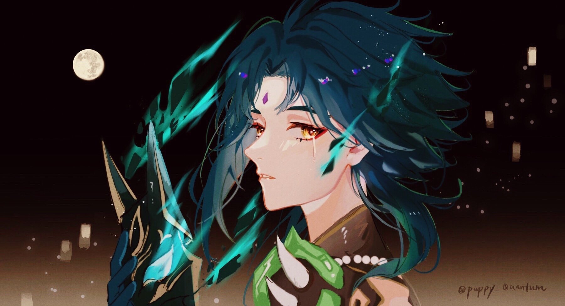 this is a digital illustration of an anime girl with blue hair and green eyes. she is crying and wearing a mask. she is standing in front of a full moon and a night sky full of stars. there are also glowing lights in the background. the art style is very detailed and colorful, with a hint of sadness.
