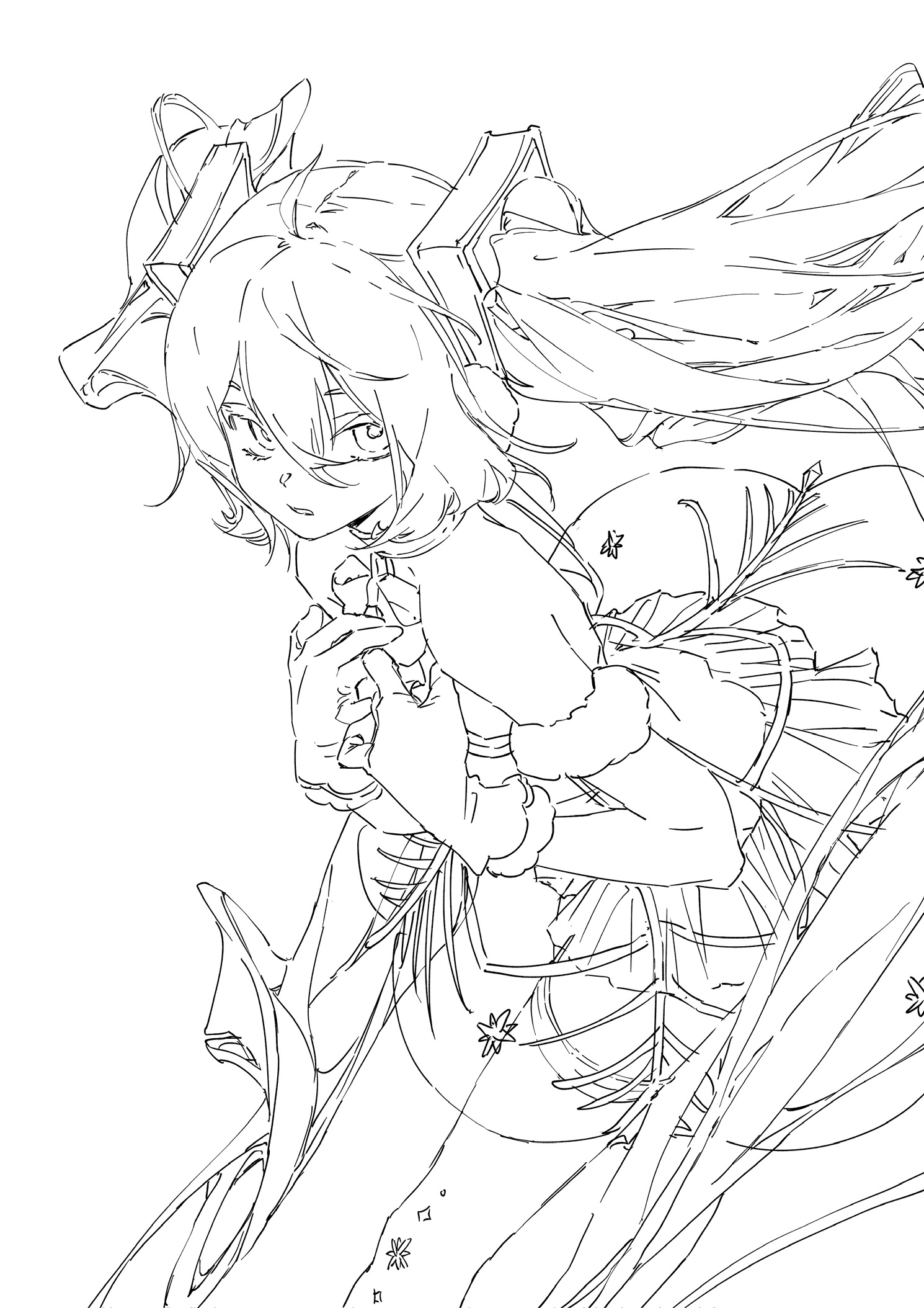 a black and white animestyle illustration of a girl with long hair and a decorative dress. she has a ribbon and is presented in a sketched line art style. the artwork has a fantasy feel.