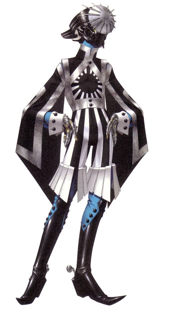 this is a detailed drawing of a robotlike anime character with a black and white striped costume and black boots. it appears to be a humanoid robot design, possibly with a human head and facial features. the robot is standing in a dynamic pose, its left hand resting on its hip and its right hand raised. the character is wearing a black cloak, which is open to reveal the striped costume.  the robot appears to be holding some kind of weapon in its hand, possibly a sword or other blade. it is surrounded by a bright white and black sun or star symbol, which is a recurring element in many anime designs. overall, the image conveys a sense of power and mystery.  the character is a striking blend of futuristic and fantastical elements, with a sharp, modern design and a vaguely menacing air.