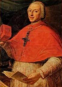 this is a painting of a religious figure, likely a cardinal, wearing a red cape with a cross around his neck. he has a white wig and is holding a book in his hand. he also holds a red hat.