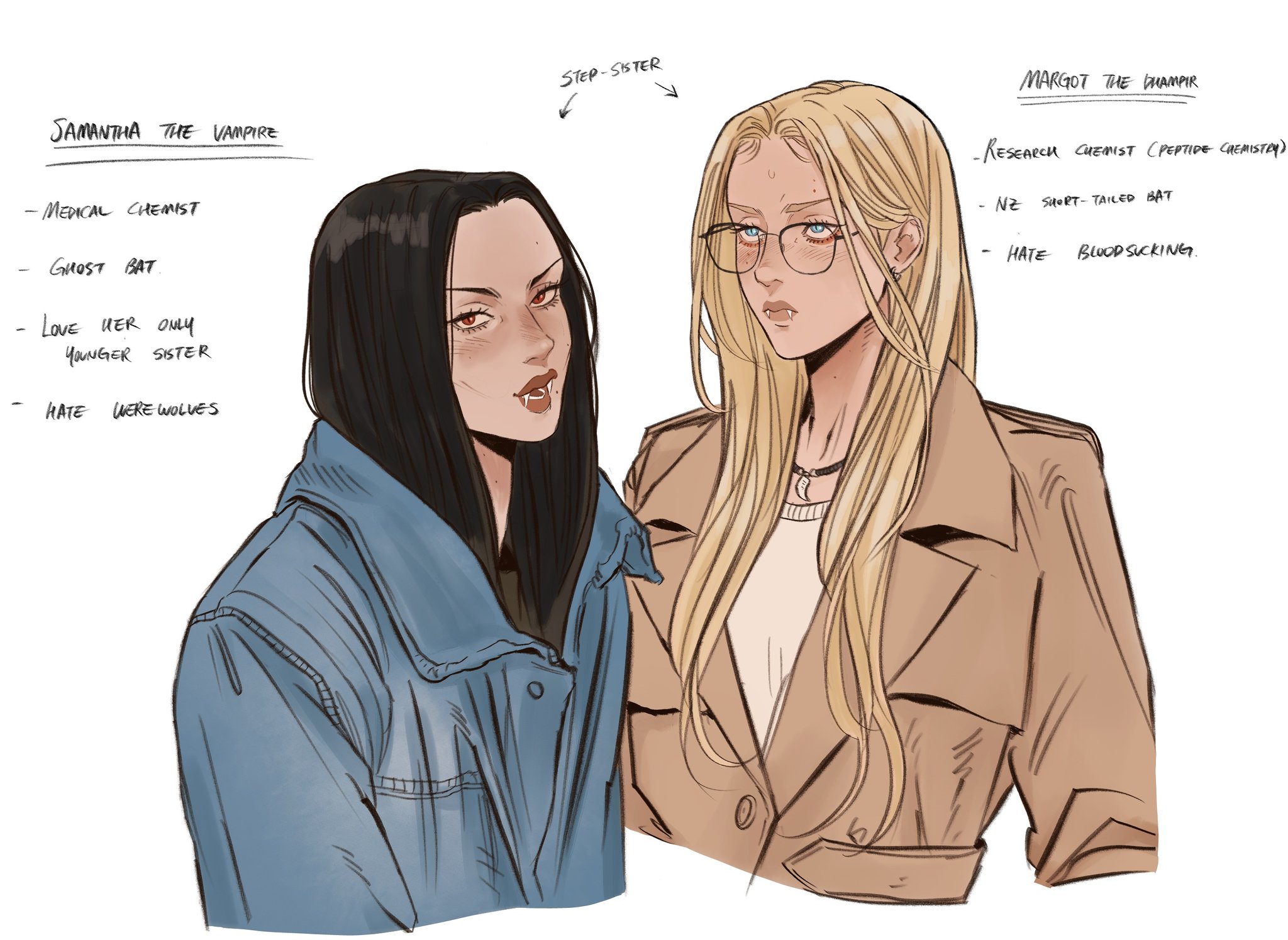 the image is a character design illustration of two vampire stepsisters named samantha and margot. samantha, with dark hair and fangs, is described as a medical chemist who transforms into a ghost bat, loves her younger sister, and hates werewolves. she wears a blue denim jacket. margot, with blonde hair and glasses, is a research chemist (peptide chemistry), transforms into an nz shorttailed bat, and hates bloodsucking. she is wearing a tan trench coat.