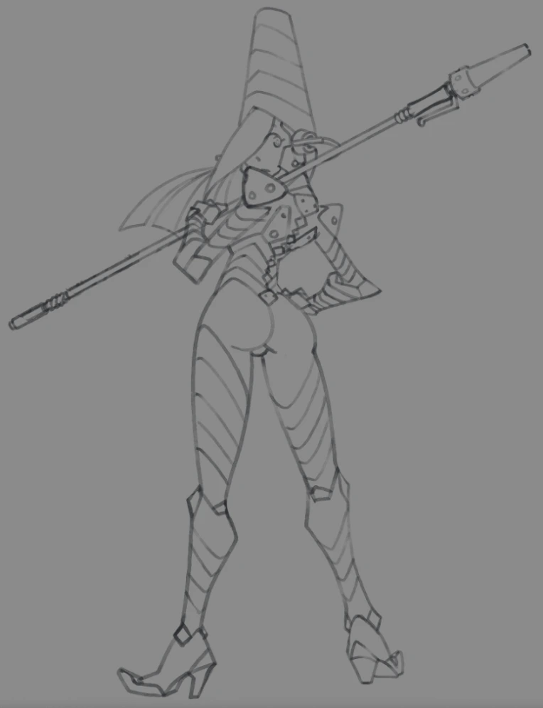 this is a drawing of a female warrior with futuristic armor, holding a spear. the drawing is done in grey pencil on a grey background and it is from the waist down.  the woman is wearing armored boots with a pointy heel and her legs are armored and covered in a stripe pattern.  the image only shows her legs, boots and spear.