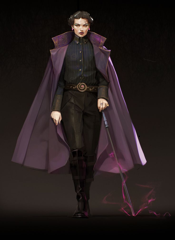 a digital illustration of a woman in a long dark purple cape and coat. she is holding a staff in her right hand and she is looking at the viewer. she has a dark complexion with long, dark hair pulled back from her face and a strong gaze. there is a pink glow emanating from the staff, and a dark and dramatic background.