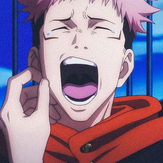 the image features a closeup illustration of a young man from an anime series. he has short, spiky pink hair and is crying with his mouth open wide as if laughing or yelling.  he is wearing a red hoodie. the background is a vibrant blue, creating a stark contrast.