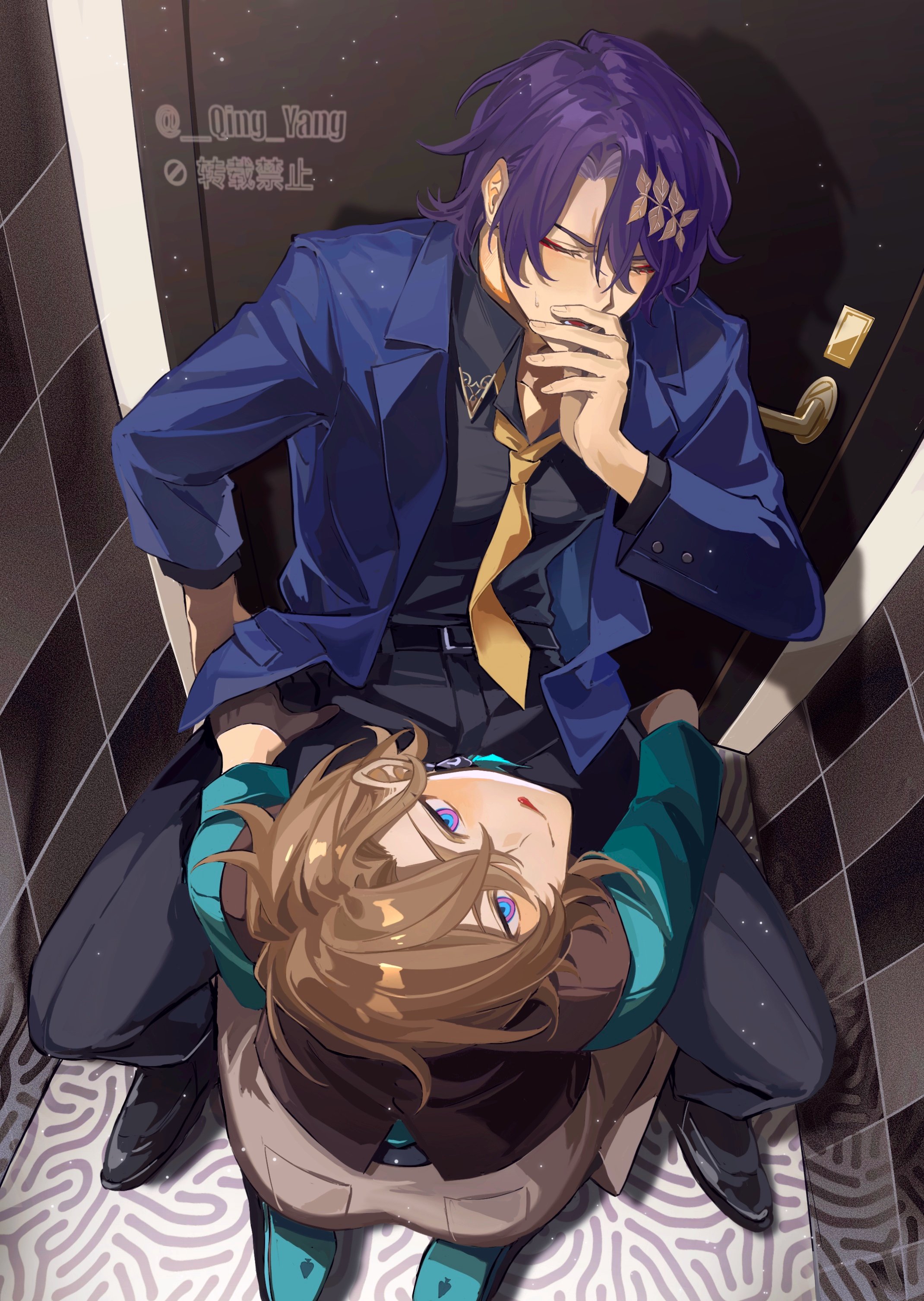 the image is a digital painting or illustration in anime style, depicting two attractive young men in a close and intimate embrace.  one, with purple hair, wears a stylish dark blue suit and yellow tie. he sits with the other young man, who has light brown hair and wears a teal jacket and tan trousers, perched on his lap.  the setting appears to be a restroom or bathroom with patterned floor tiles. the overall mood is romantic and suggestive of a close relationship. the artist's signature or watermark is visible in a corner. the art style is highly polished and detailed, with attention to both character design and the background environment.