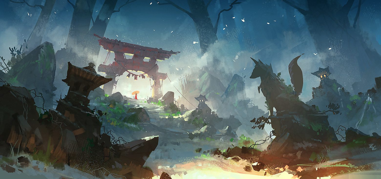 the image portrays a mystical scene set at night in a japaneseinspired forest. the viewer is presented with a wideangle perspective of a path leading towards a glowing red torii gate, a traditional japanese shrine entrance. the path is lined with weathered stone lanterns and guarded by two majestic fox statues, likely representing inari foxes, japanese mythological creatures associated with rice, sake, and prosperity.  the woman in red walking towards the gate adds a sense of narrative and mystery. the overall atmosphere is ethereal and enchanting, achieved through the use of atmospheric lighting and a palette dominated by cool blues and contrasting warm oranges.