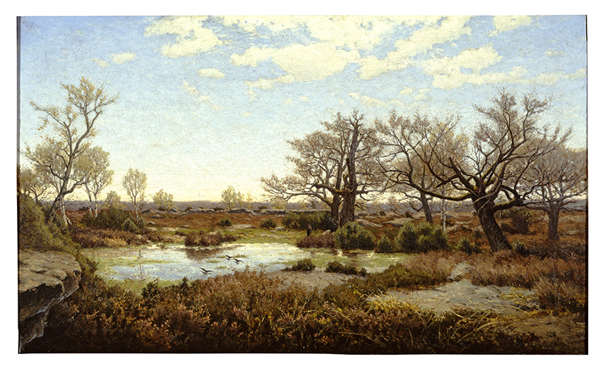 the image is a painting depicting a landscape with a pond in the foreground. there are trees with bare branches scattered throughout the scene. the sky is partly cloudy. there is grass, shrubs, and other vegetation around the pond. some birds are flying above the pond. the artwork shows a natural outdoor scene.