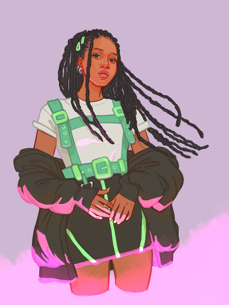 a digital illustration of a young woman with long black braids and a stylish green, black and white outfit. she is wearing a black jacket over a white tee and green overalls and a black skirt with neon green stripes. she is accessorizing with a silver ring, several green hair clips and a small silver hoop earring.