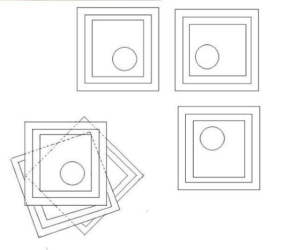 the image shows four arrangements of nested square frames, each containing a circle. three arrangements are neatly aligned, while the fourth features overlapping and rotated squares, creating a layered effect.
