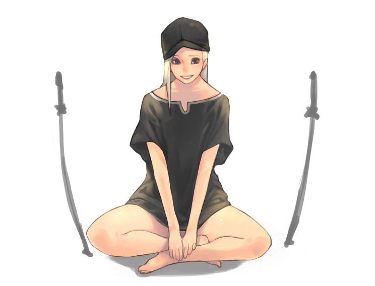 a drawing of an anime girl with short white hair and brown eyes. she is wearing a black tshirt and is sitting on the floor with her legs crossed. she has two katanas on the floor, one on each side of her.  she is smiling and looking at the viewer. the background is plain white.