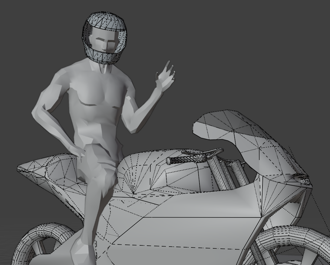 a low poly model of a motorcycle rider in a grey helmet. the rider is sitting on the bike, which is a wireframe model in grey. the image is rendered on a grey background.