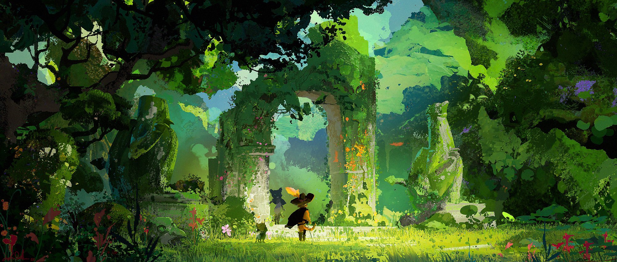 he image is a vibrant digital painting depicting a fantastical scene.  a young girl, possibly a witch, with a cat companion stands before an ancient, overgrown stone archway within a lush forest. the ruins are partially covered in vines and flowers, creating an air of mystery and age. the overall style is painterly, with visible brushstrokes, and employs a rich palette of greens, yellows, and oranges.  the scene evokes a feeling of serene mystery and magical adventure. the light suggests it's likely daytime. the art style is reminiscent of concept art or illustrations for a fantasy game or book.