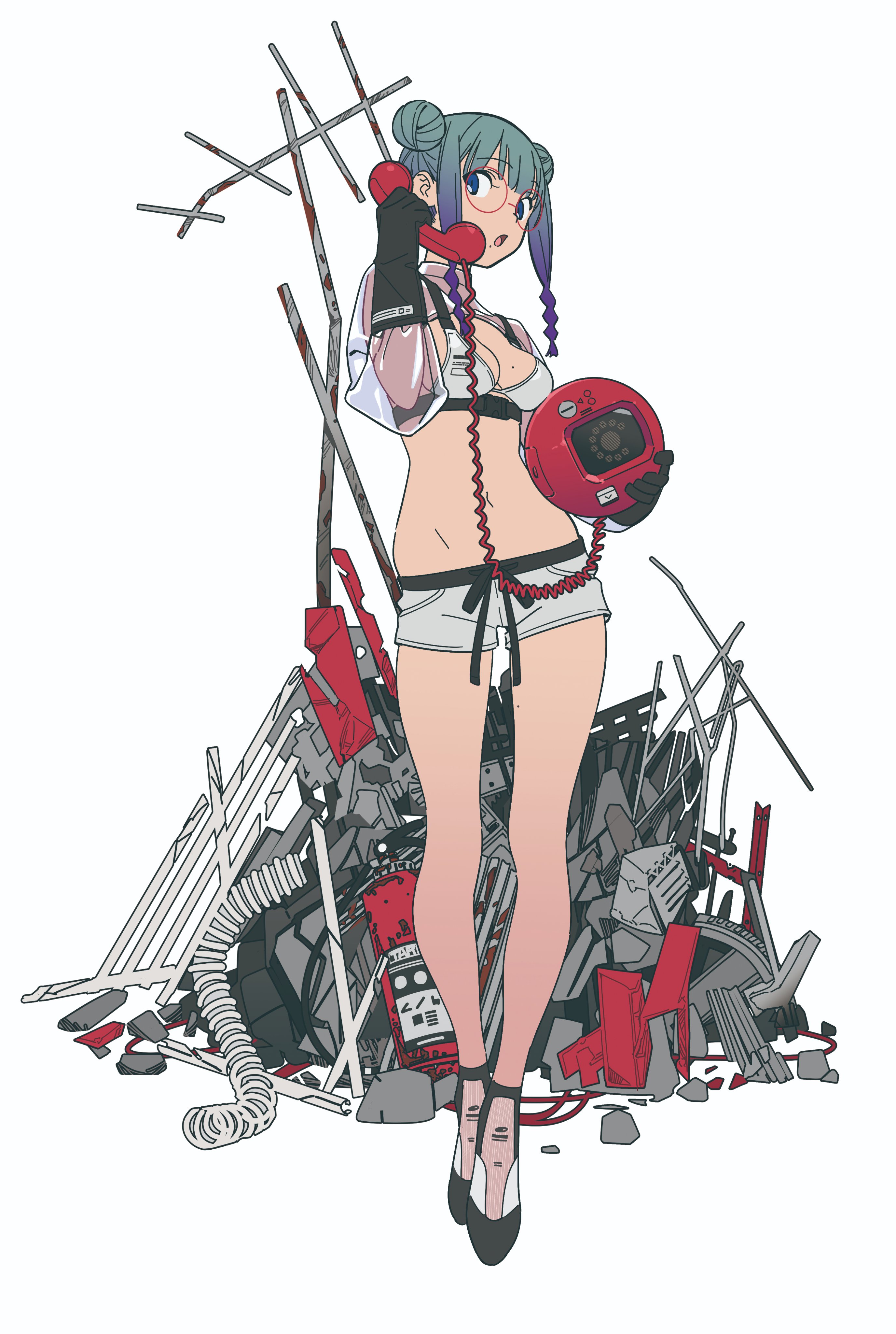 he illustration depicts a young animestyle woman with teal hair in buns, wearing glasses and a sleeveless crop top with short white shorts. she's holding a red rotary phone and what appears to be a red helmet or similar object. she's standing on a pile of scrap metal and junk. her attire and the setting suggest a postapocalyptic or urban, grunge aesthetic. the overall style is clean and detailed, with a distinct color palette. the character's expression is subtle and her pose is somewhat nonchalant.