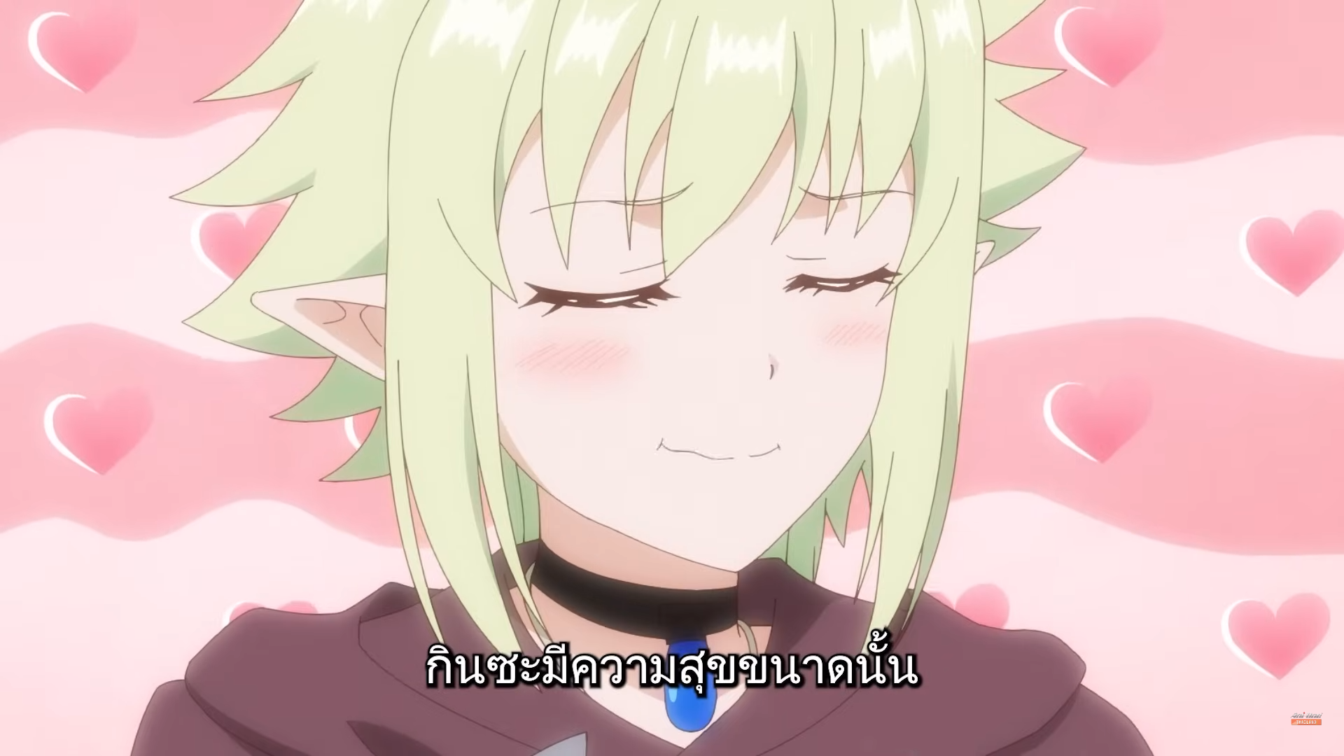 an anime girl with pointy ears and green hair blushes with a happy smile against a pink background with hearts. she has on a black choker with a blue gem.  the art style is classic anime.  there is text in the bottom right corner but it is not in english.