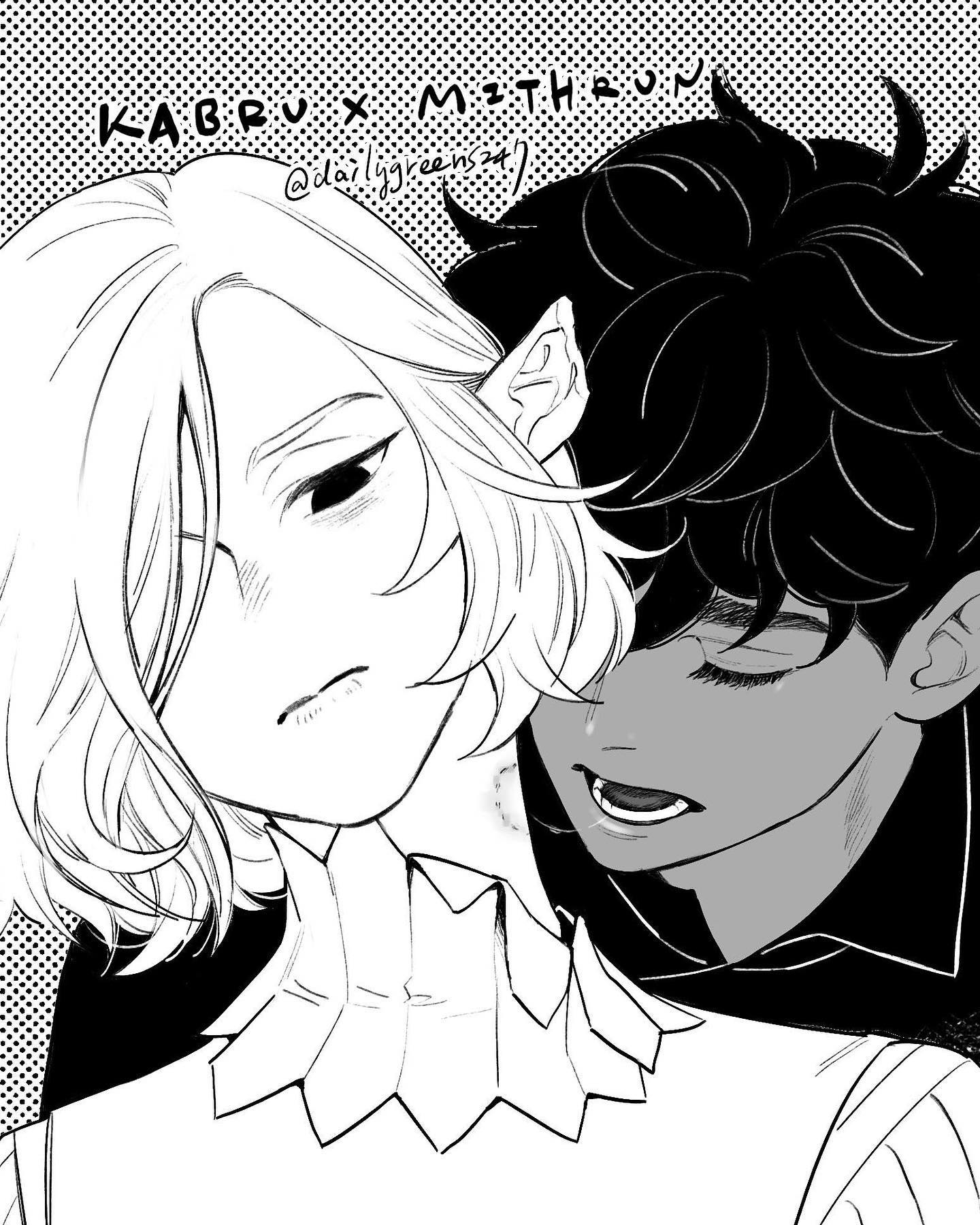 the image is a black and white mangastyle illustration featuring a closeup of two male characters, kabru and mithrun, in an intimate embrace.  kabru, with light hair and elflike ears, is shown from the shoulders up, leaning against mithrun. mithrun has dark, spiky hair and a more serious expression. their faces are very close together. the style is reminiscent of yaoi or boy's love manga.  the artist's social media handle, "@dailygreens24," is visible in the upper part of the image. the overall mood is romantic and suggestive. the artwork is highly detailed, with clear lines and shading that creates depth and dimension.