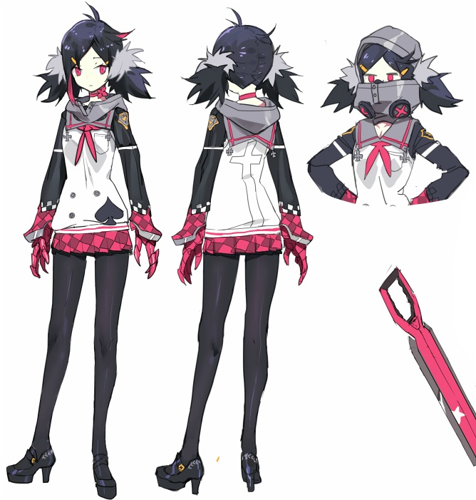 this is a digital illustration of an anime girl. she has black hair, wears a white shirt, a pink skirt, and black tights. she is wearing black shoes and red gloves. the girl has a gas mask on her face, and is holding a red weapon. there are three different views of her: front, back, and side. the artwork is drawn in a cartoon style, and the background is white.