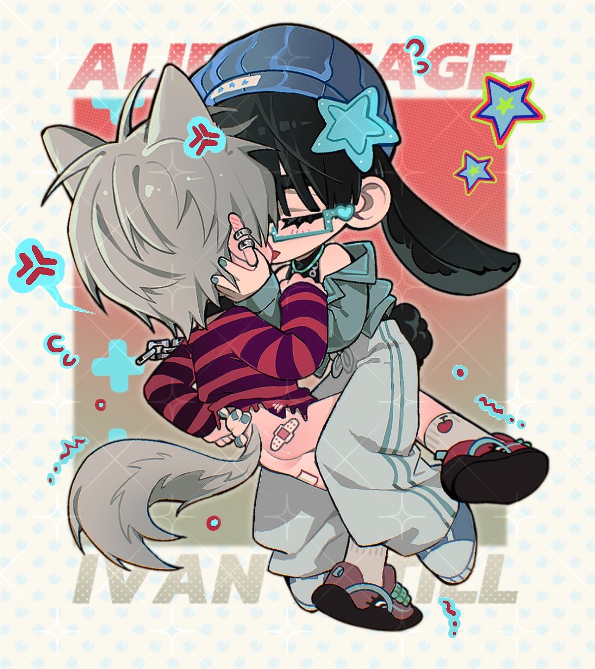 this is a cute and colorful cartoon illustration of two anime characters. the girl is wearing a blue and white outfit with a blue cap. the boy is wearing a striped red and black shirt. they're hugging and looking at each other with a romantic expression. there are hearts and stars in the background, and a "vintage" style frame with the words "always" and "age" in the top corners and "ivan" in the bottom left corner. the overall image is very cheerful and romantic.