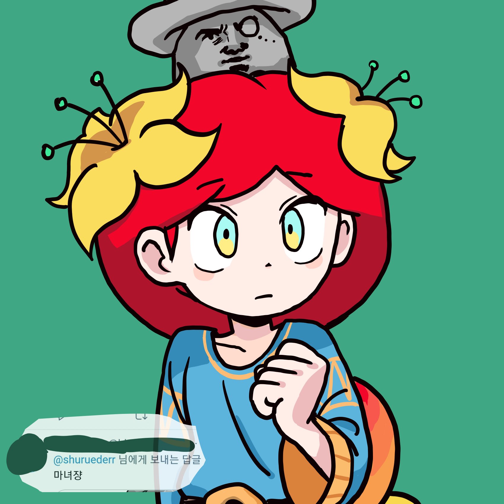 the illustration is a cartoon drawing of a girl with long red hair. she is wearing a blue shirt with an orange collar and a pair of orange pants. she is looking worried and scared, with her eyes wide and her mouth slightly open. there is a flower pot on her head, with a face on it that seems to be giving her a worried expression. the background is a simple, solid green color.  the overall tone of the illustration is slightly comedic, but also a bit unsettling.